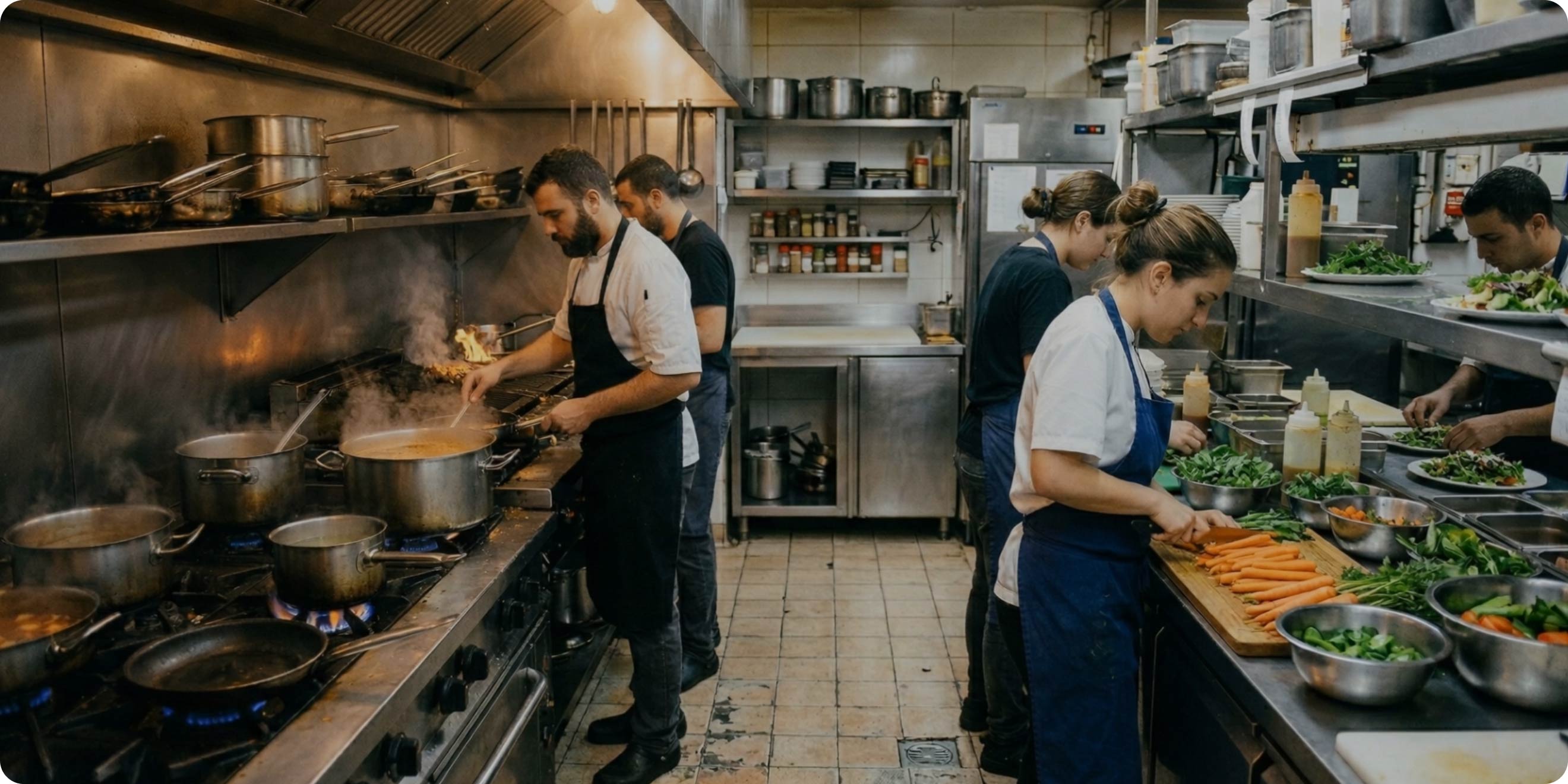 A busy restaurant kitchen team cooking and prepping food during service.