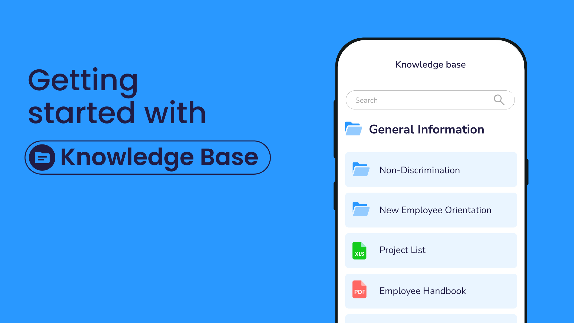 Promotional graphic for Connecteam's Knowledge Base feature showing a mobile screen with folders for company documents like employee handbook and orientation materials.