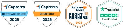 Collection of Connecteam review and award badges featuring Capterra Best Ease of Use 2026, Capterra Shortlist 2026, Software Advice Front Runners 2026, and Trustpilot Rated Excellent recognition.