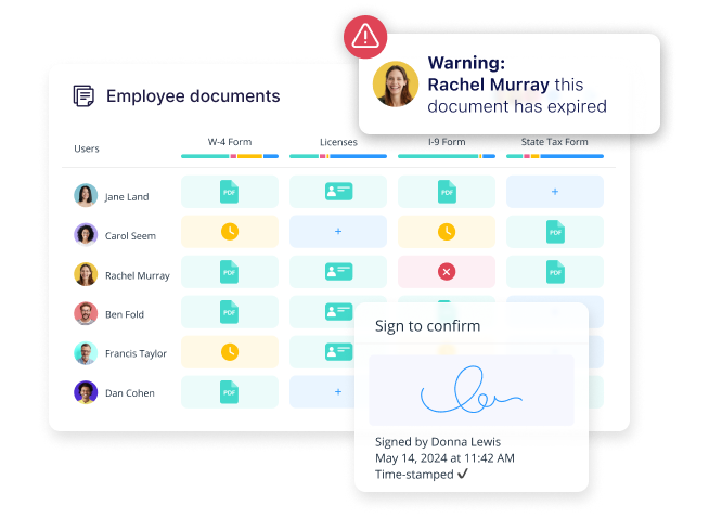 Connecteam employee documents dashboard tracking W-4, license, I-9, and tax form status per employee, with an expired document warning and a time-stamped e-signature confirmation