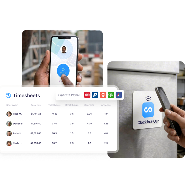 Connecteam employee time tracking system with mobile clock-in, NFC time clock, digital timesheets, and payroll integrations.