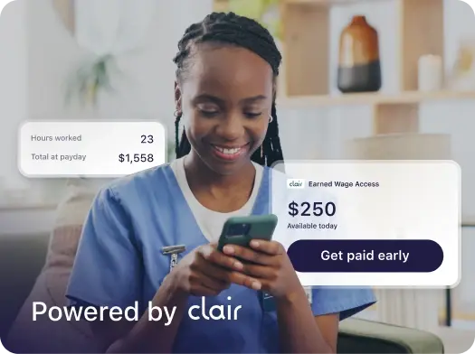 Clair promotional graphic featuring a healthcare worker looking at her phone, with overlaid user interface elements demonstrating 