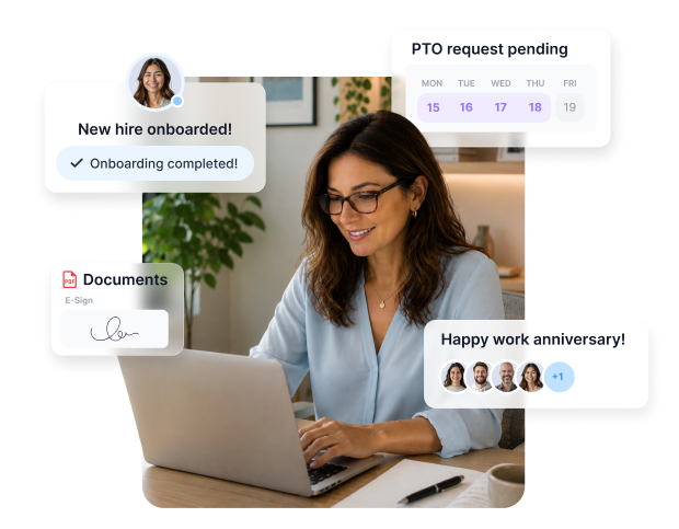HR manager using Connecteam on a laptop, with UI callouts showing onboarding completion, a PTO request, e-sign documents, and a work anniversary notification.